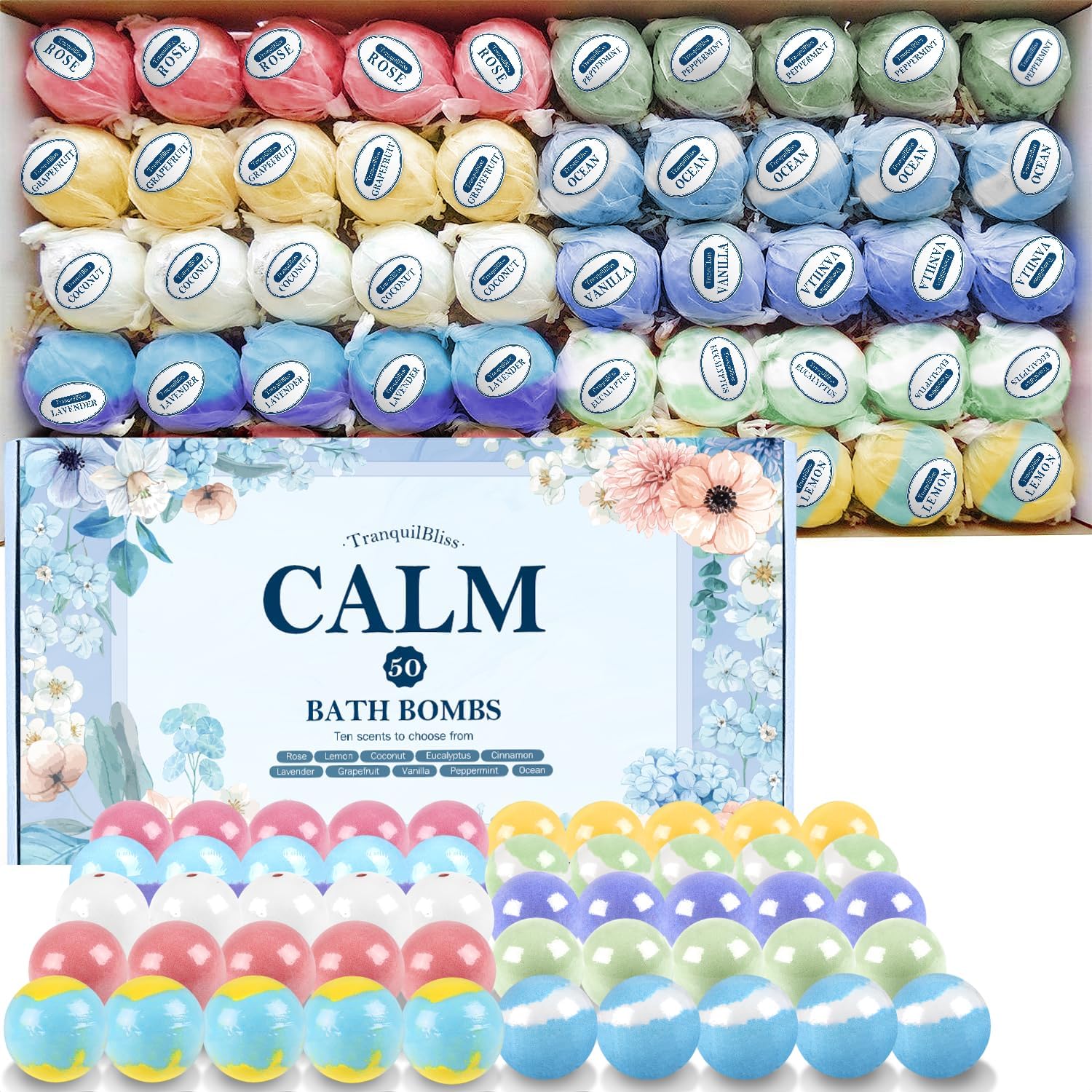 TranquilBliss Bath Bombs Set 50 PCS with 10 Rich Scents