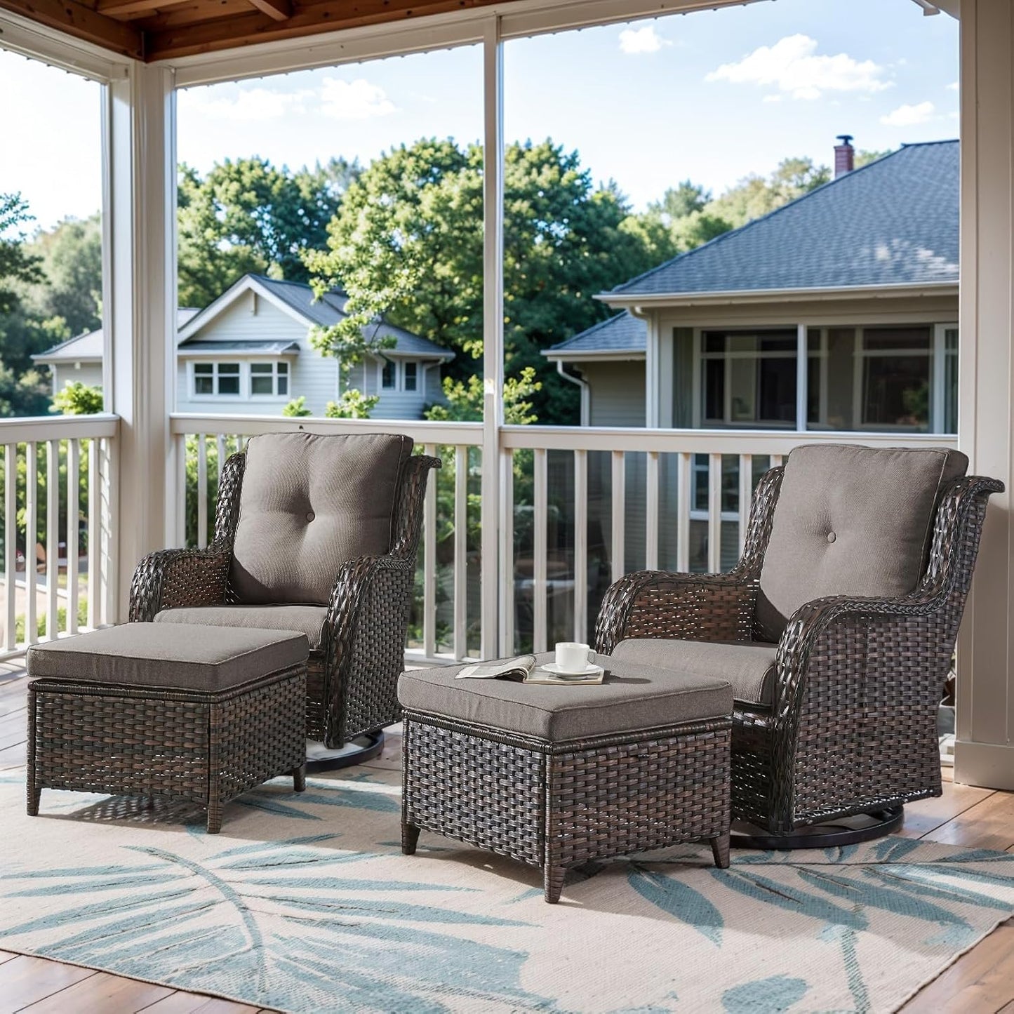 4 Pieces Patio Furniture Set with Swivel Glider Chairs and Ottomans