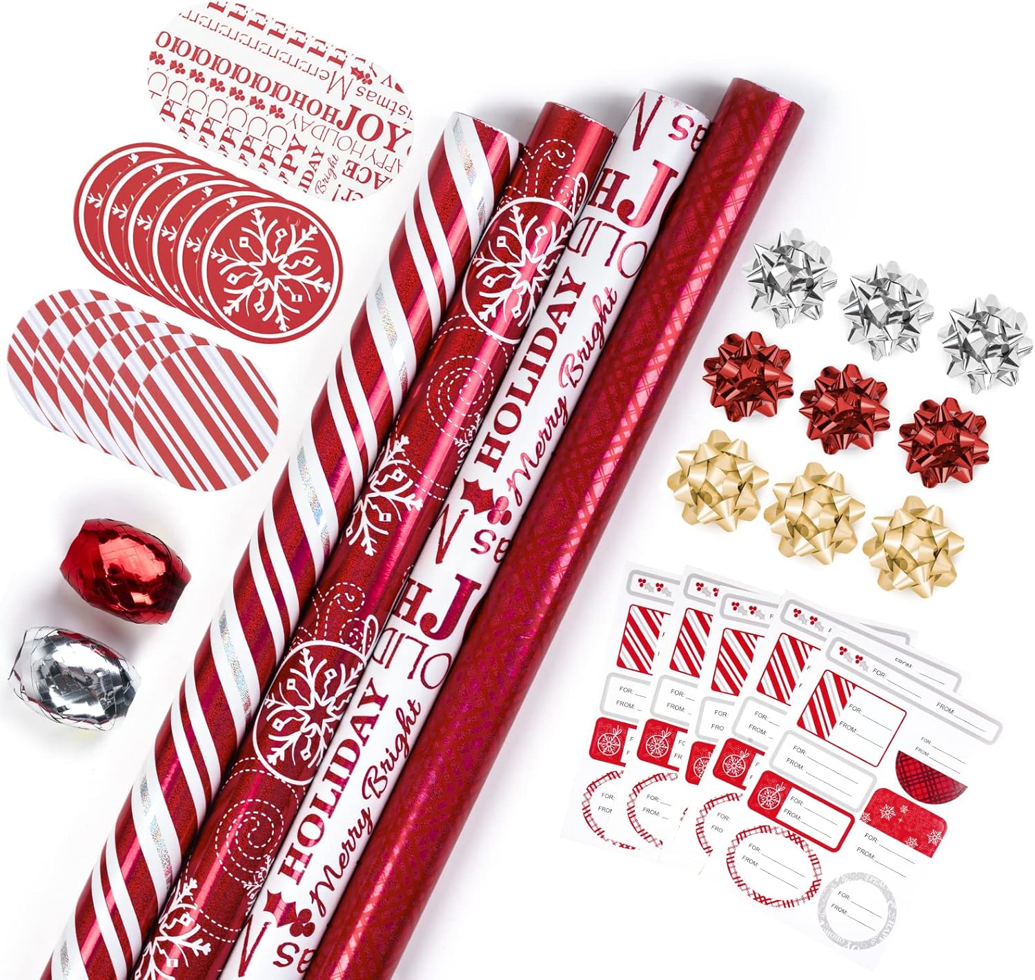 Christmas Wrapping Paper Set with Gift Bow & Ribbon Bundle