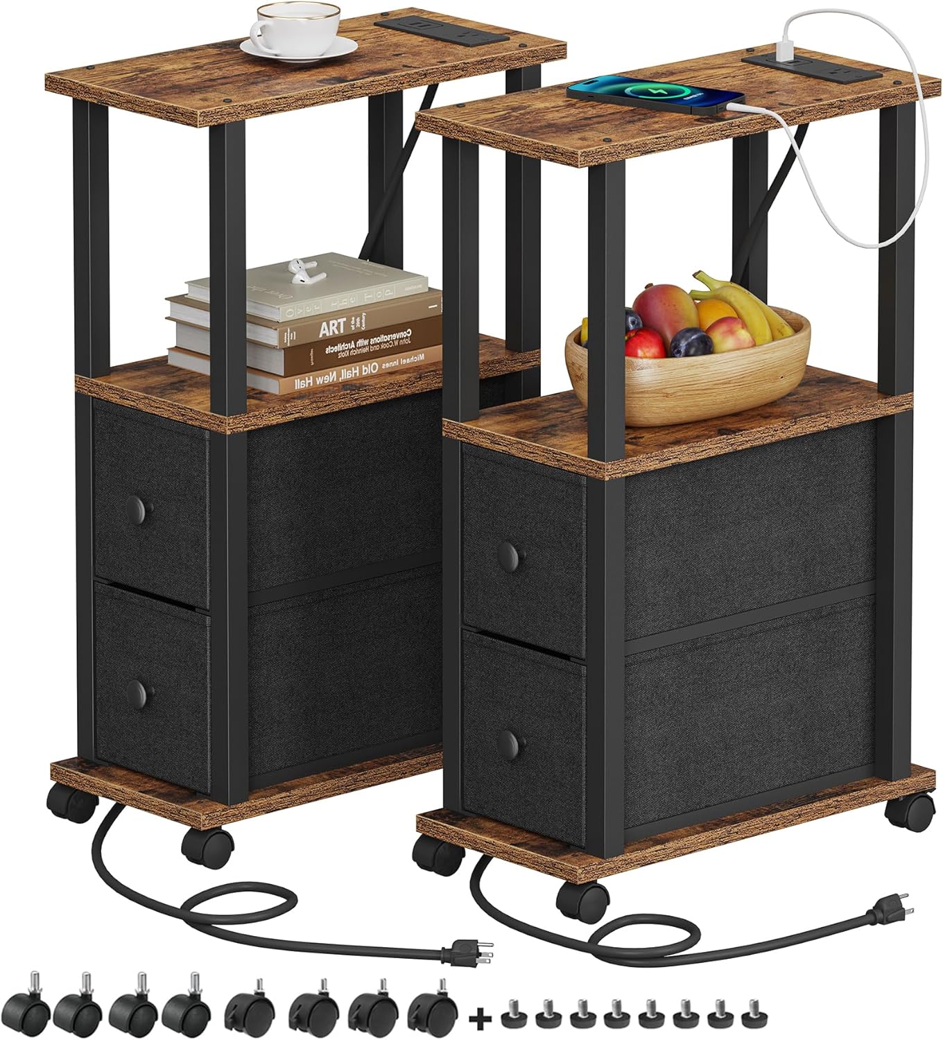Small Narrow End Tables with Charging Station and Wheels