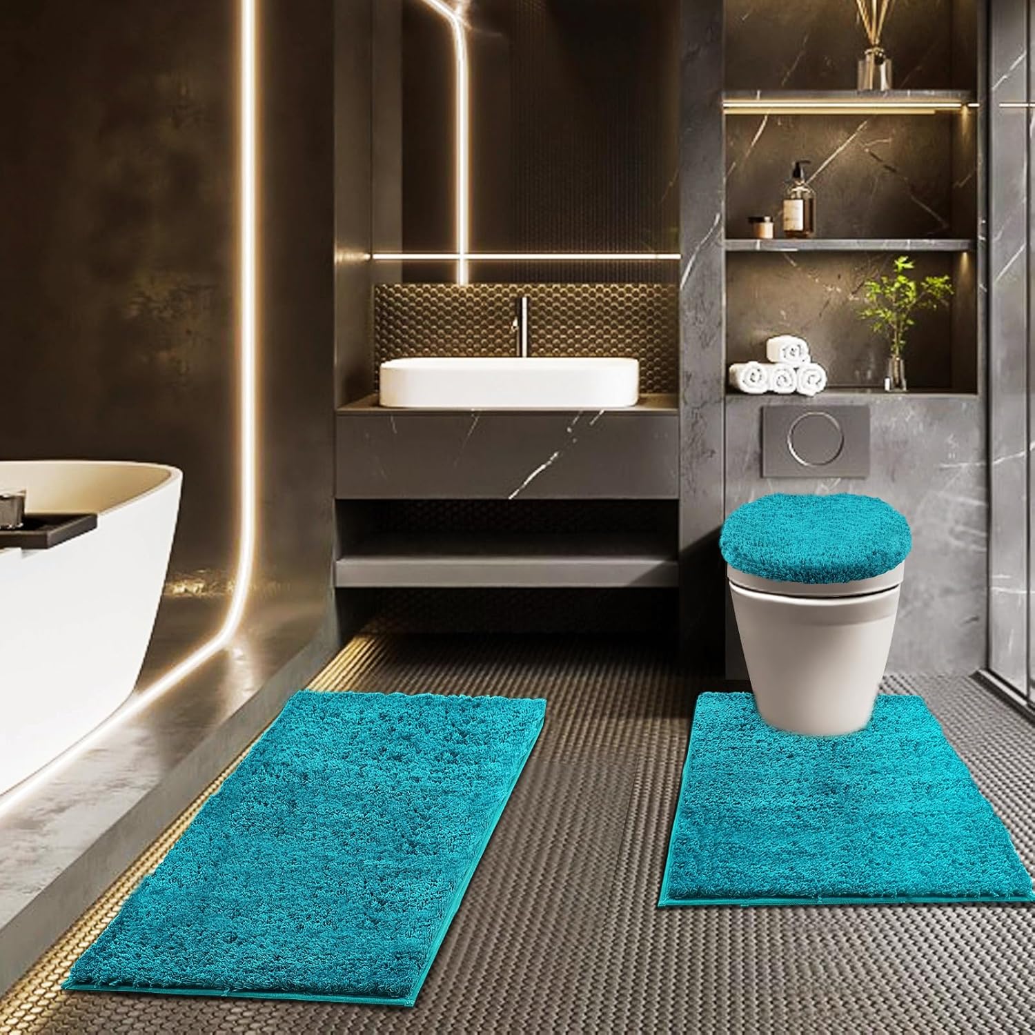 Bathroom Rugs Sets 3 Piece with Adjustable Toilet Seat Cover