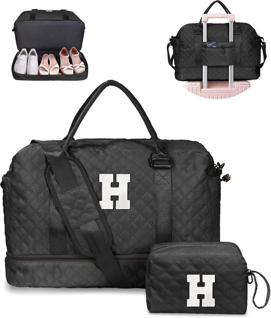 Personalized Initial Duffle Bag with Shoe Compartment for Travel