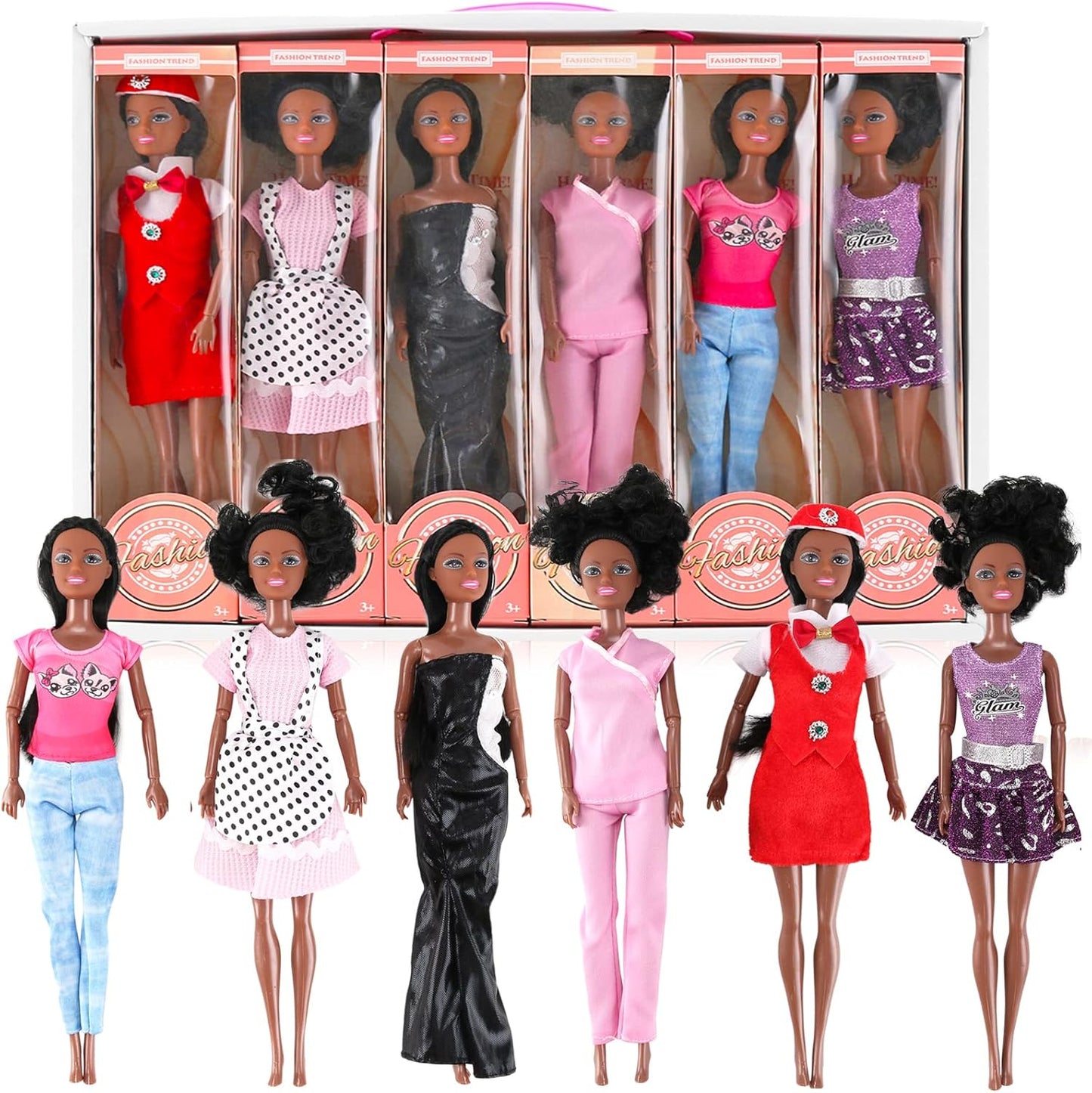 6 Set of African American Black Toy Dolls for Imaginative Play