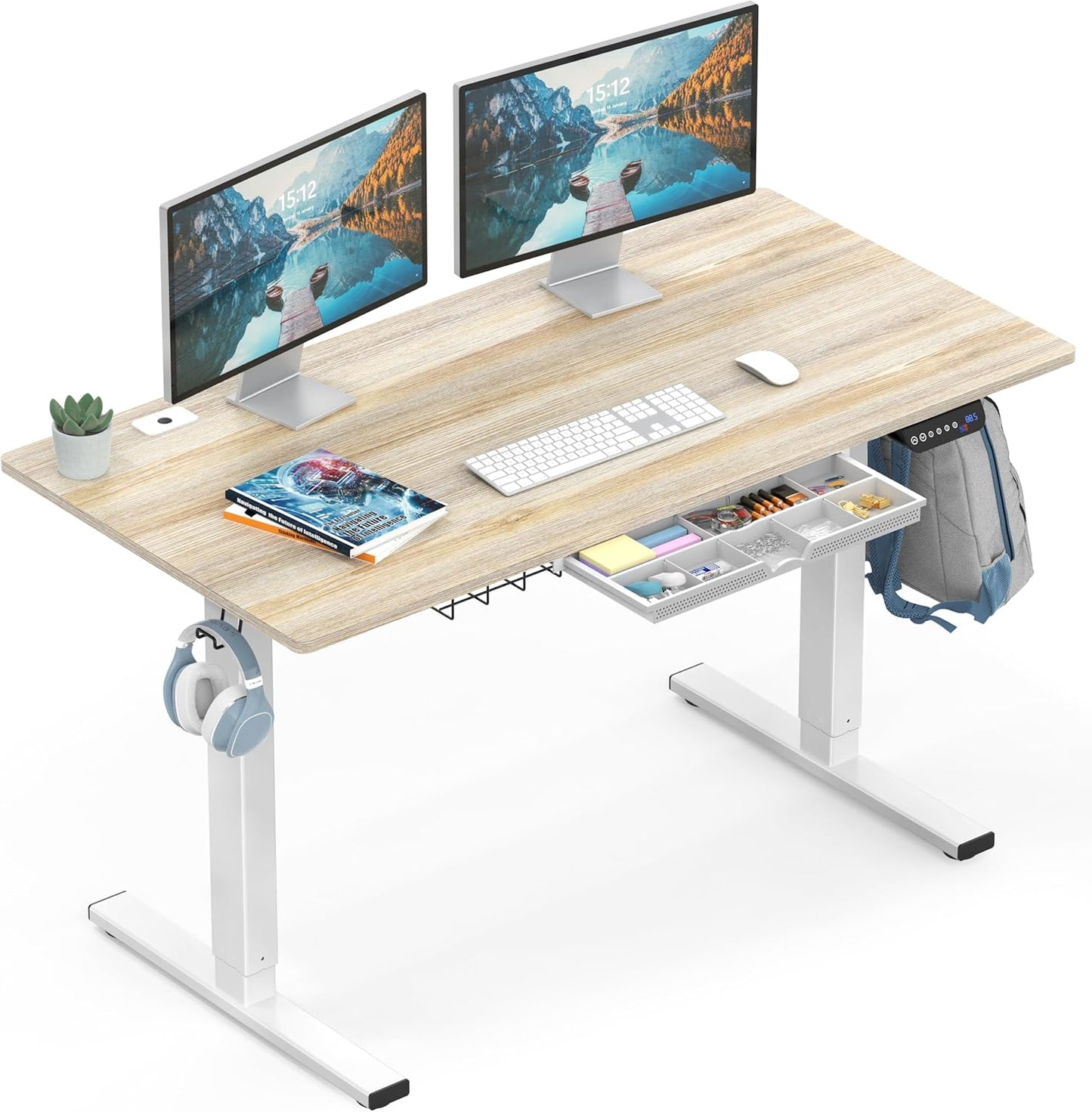SHW Electric Height Adjustable Standing Desk - Ergonomic Memory Controller - Maple