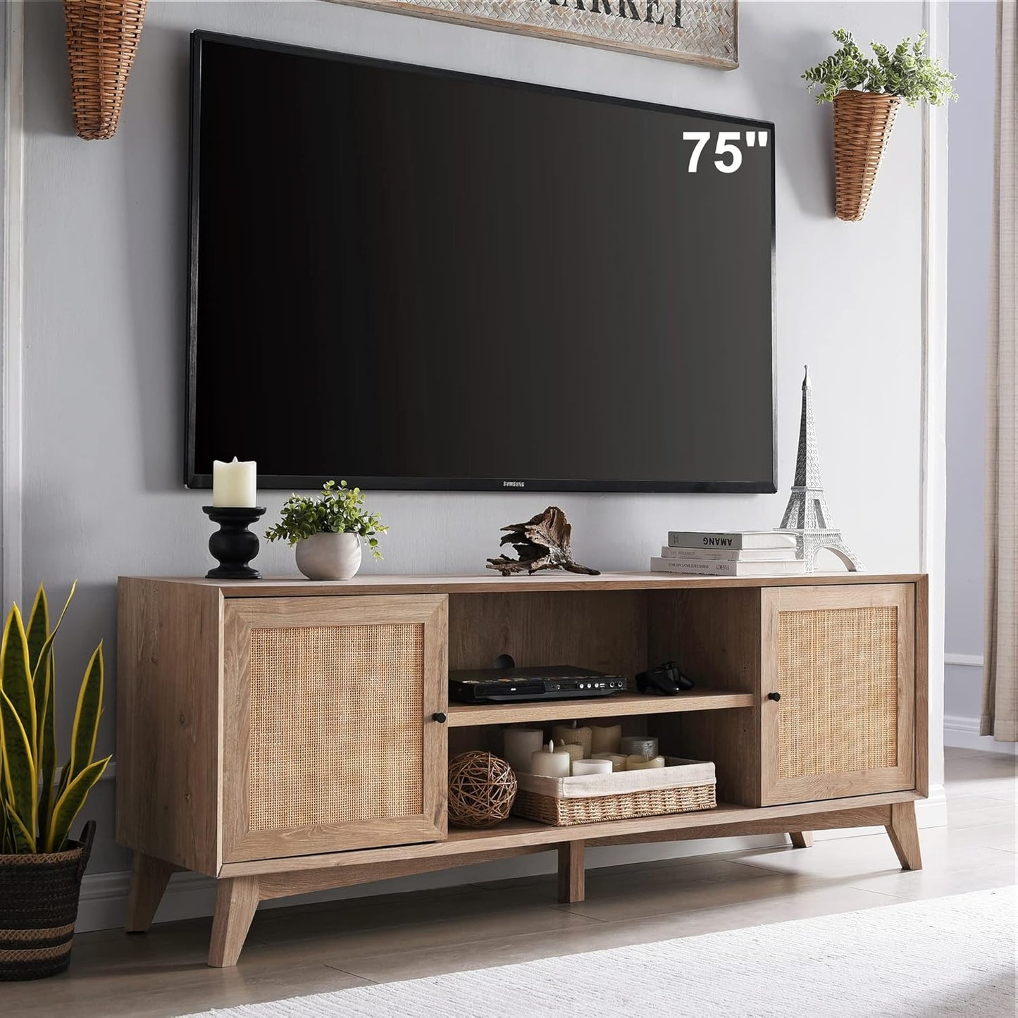 Boho Chic Rattan TV Stand - 75+ Inch Entertainment Center