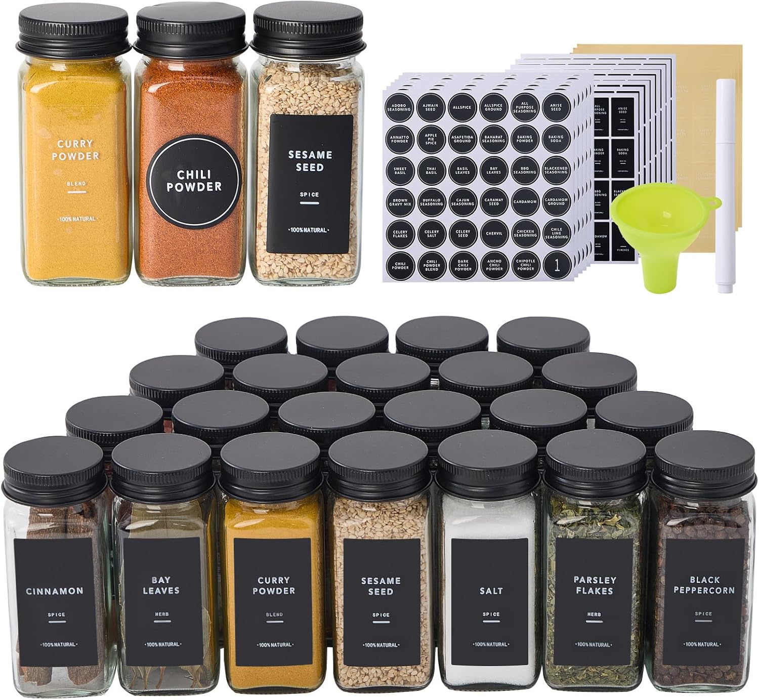 48 Glass Spice Jars Set with Labels and Shaker Lids for Kitchen