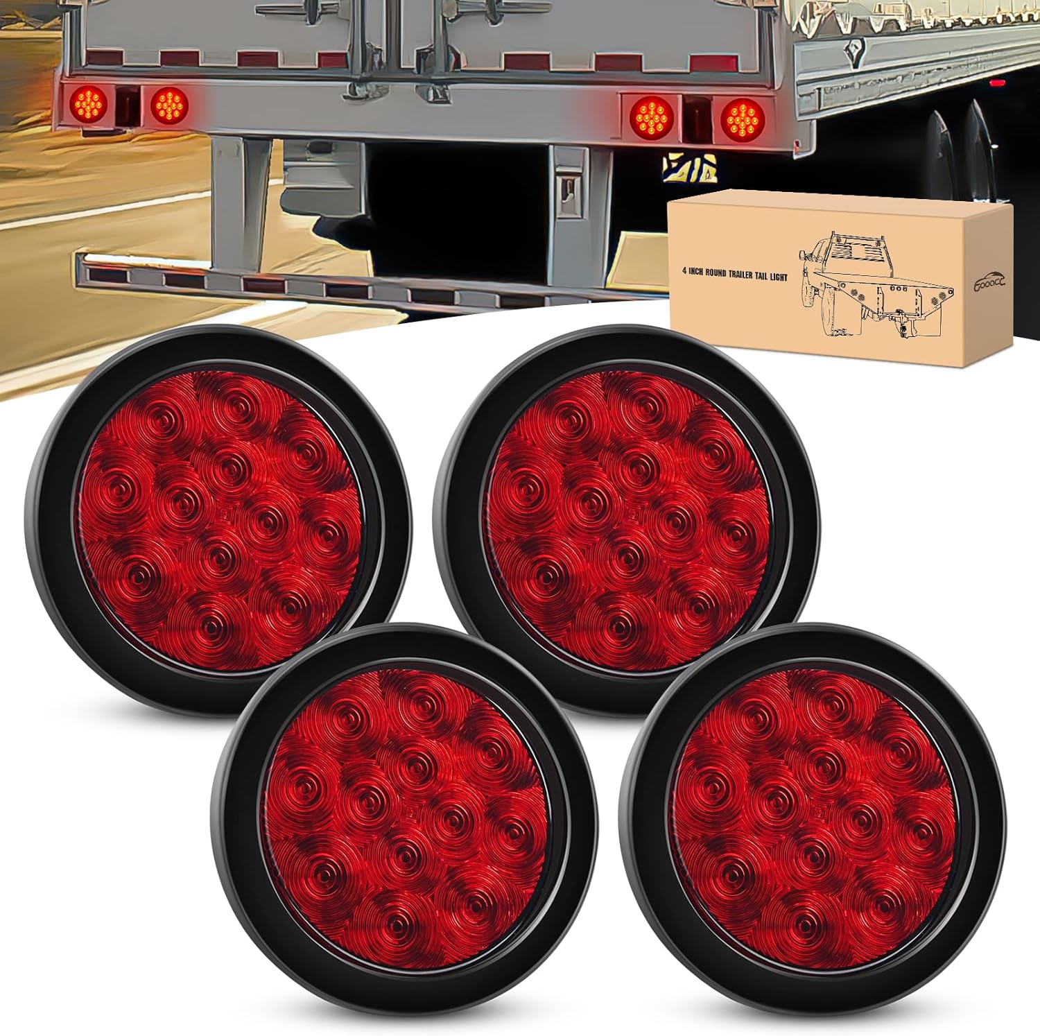 GOOACC 4Inch Round Trailer Tail Light with 12LED Red Signals