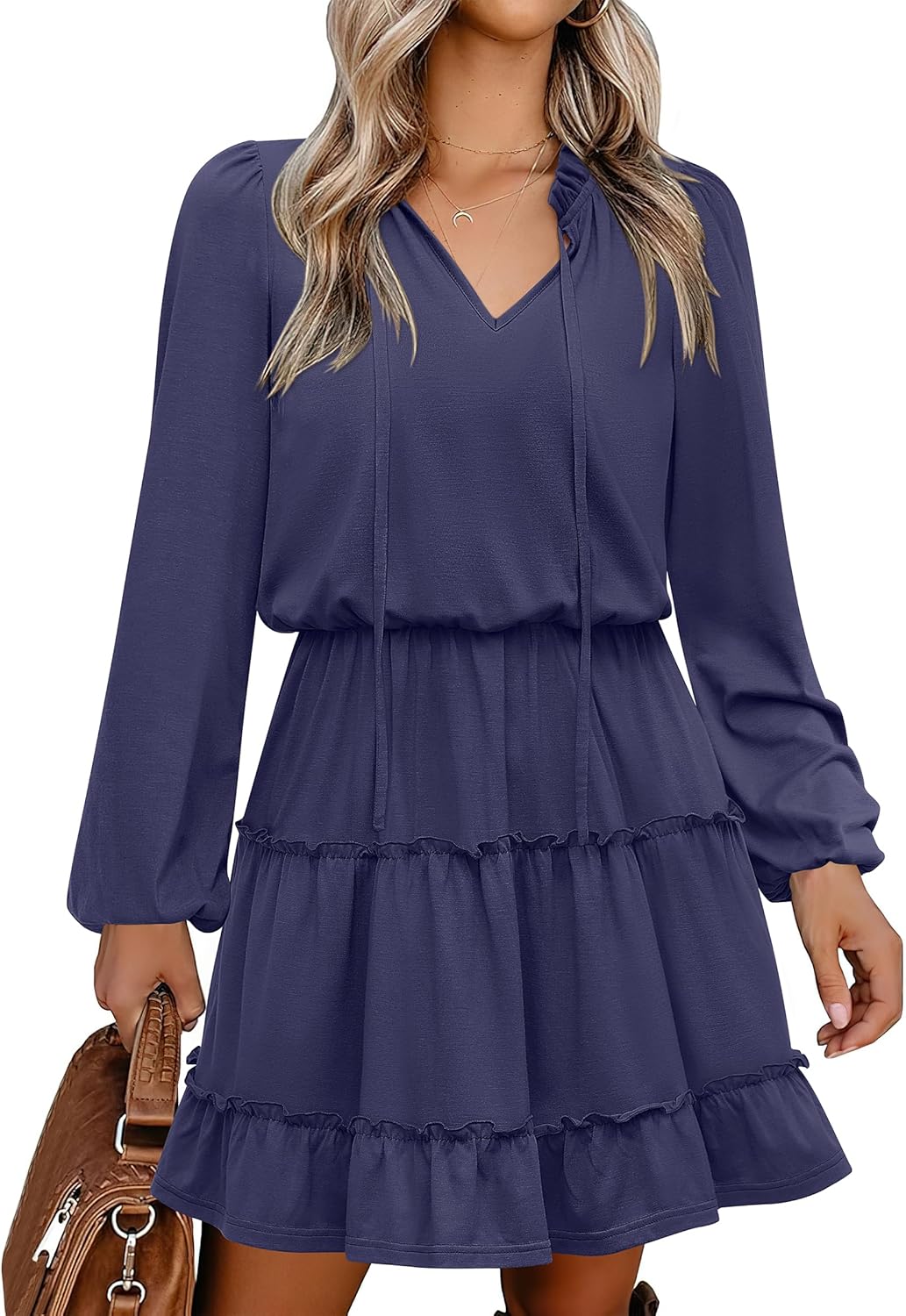 Caracilia Long Sleeve Dress for Women - Casual V Neck Style