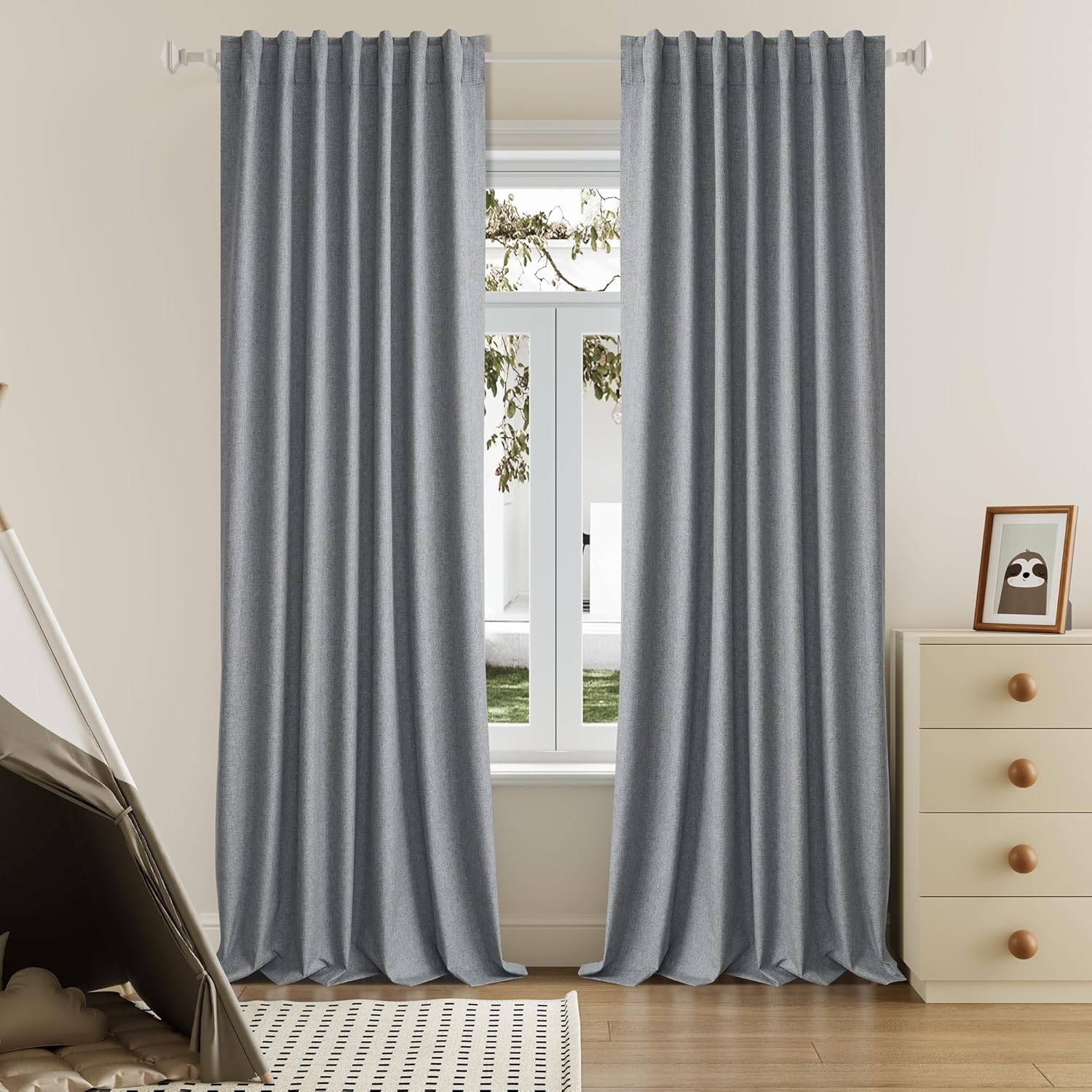 DUALIFE Grey Linen Blackout Curtains for Complete Darkness