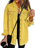 Women's Oversized Denim Shacket with Frayed Hem - Casual Layer