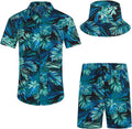 Men's Flower Hawaiian Shirt and Shorts Set with Bucket Hat - Relaxed