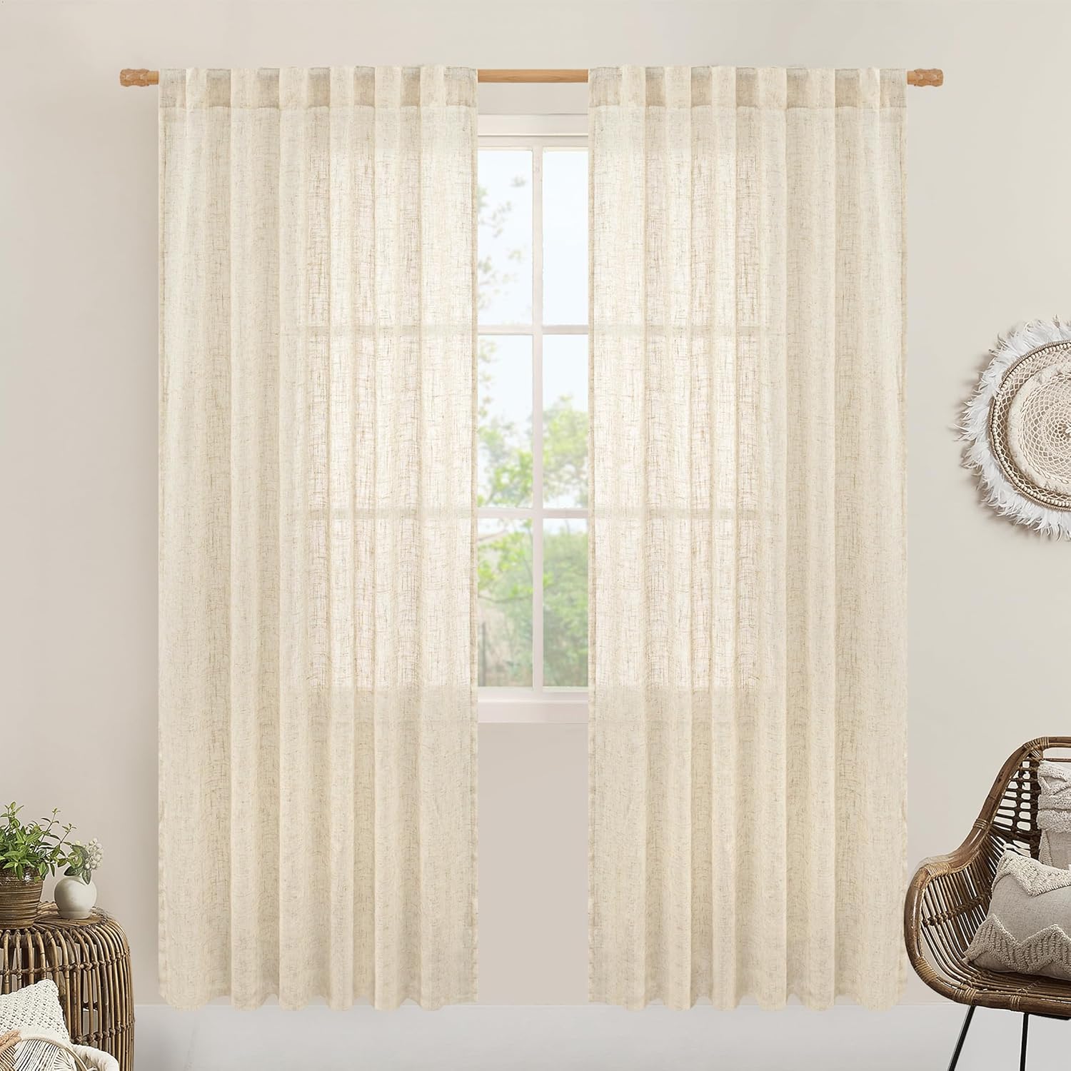 LAMIT Beige Linen Curtains for Doorway Living Room 2 Panels Set