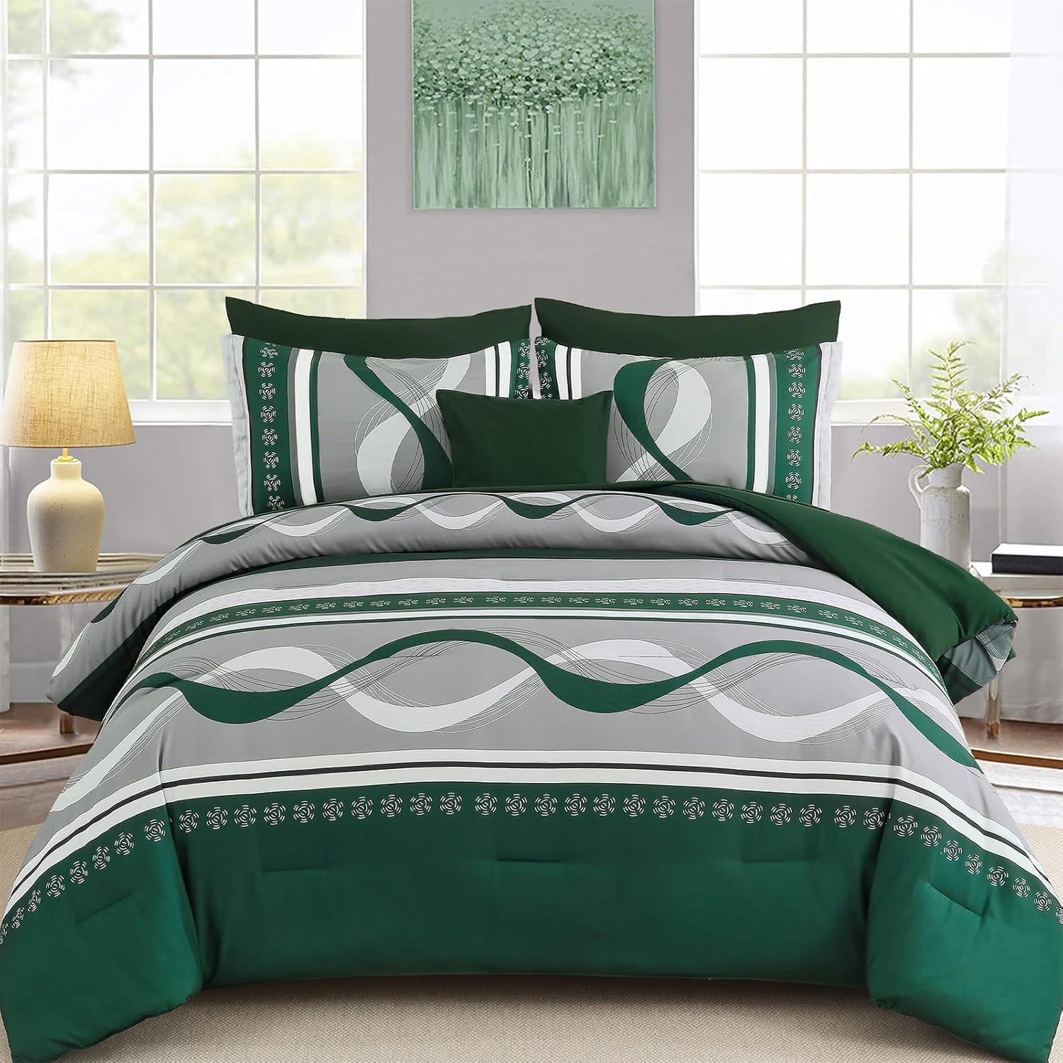 Anibedding Dark Green Comforter Set Queen Size for All Seasons
