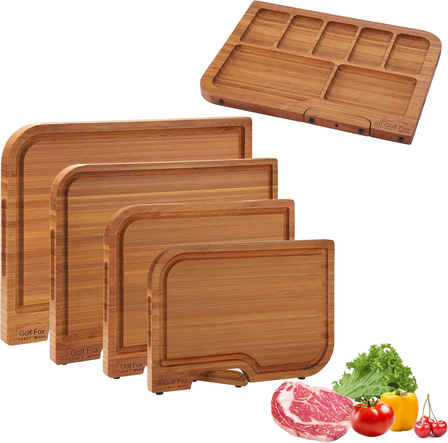4-PCS Bamboo Cutting Board Set with Innovative Stand for Kitchen