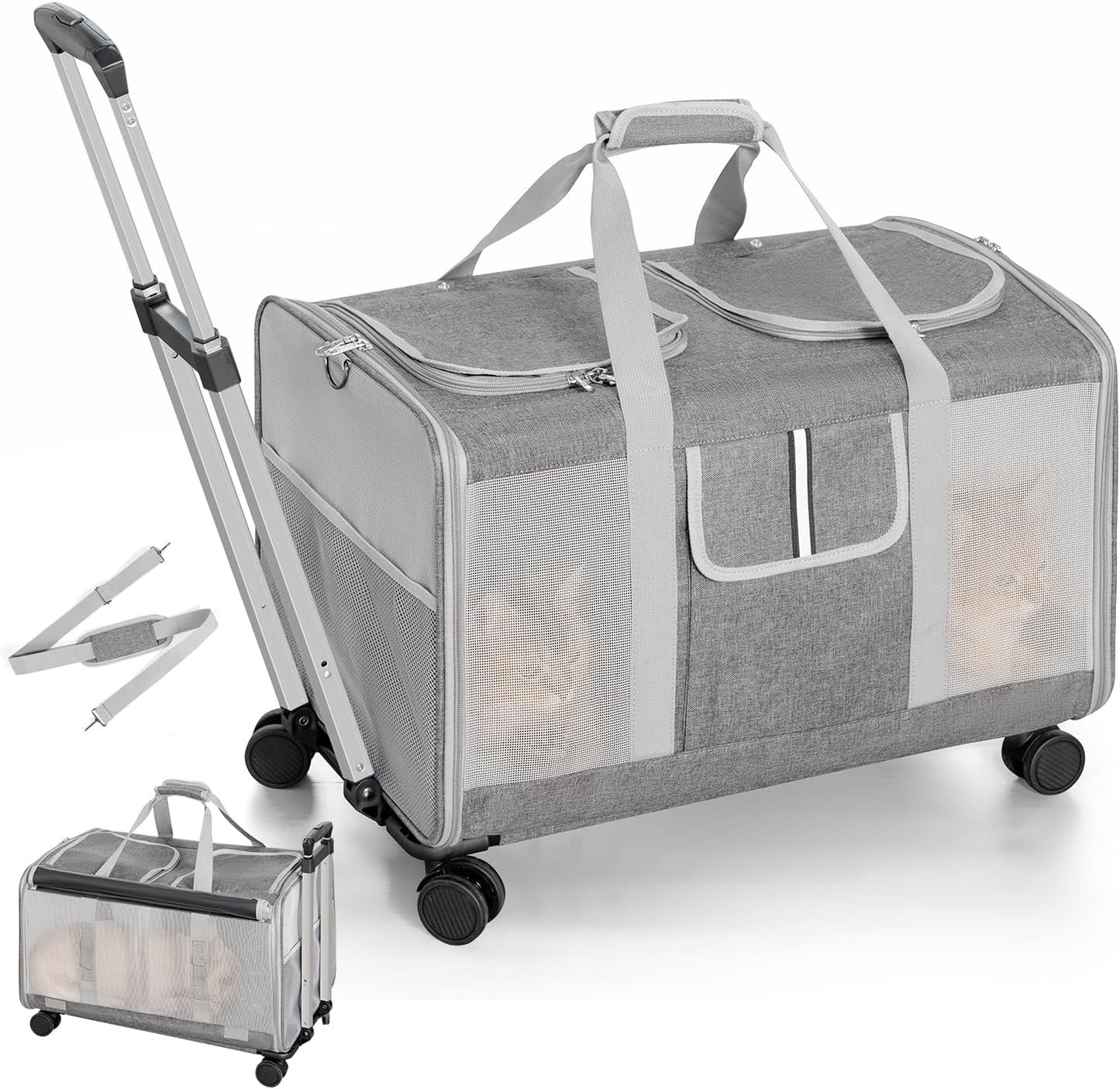 Double Cat Carrier with Wheels for Two Large Cats and Dogs