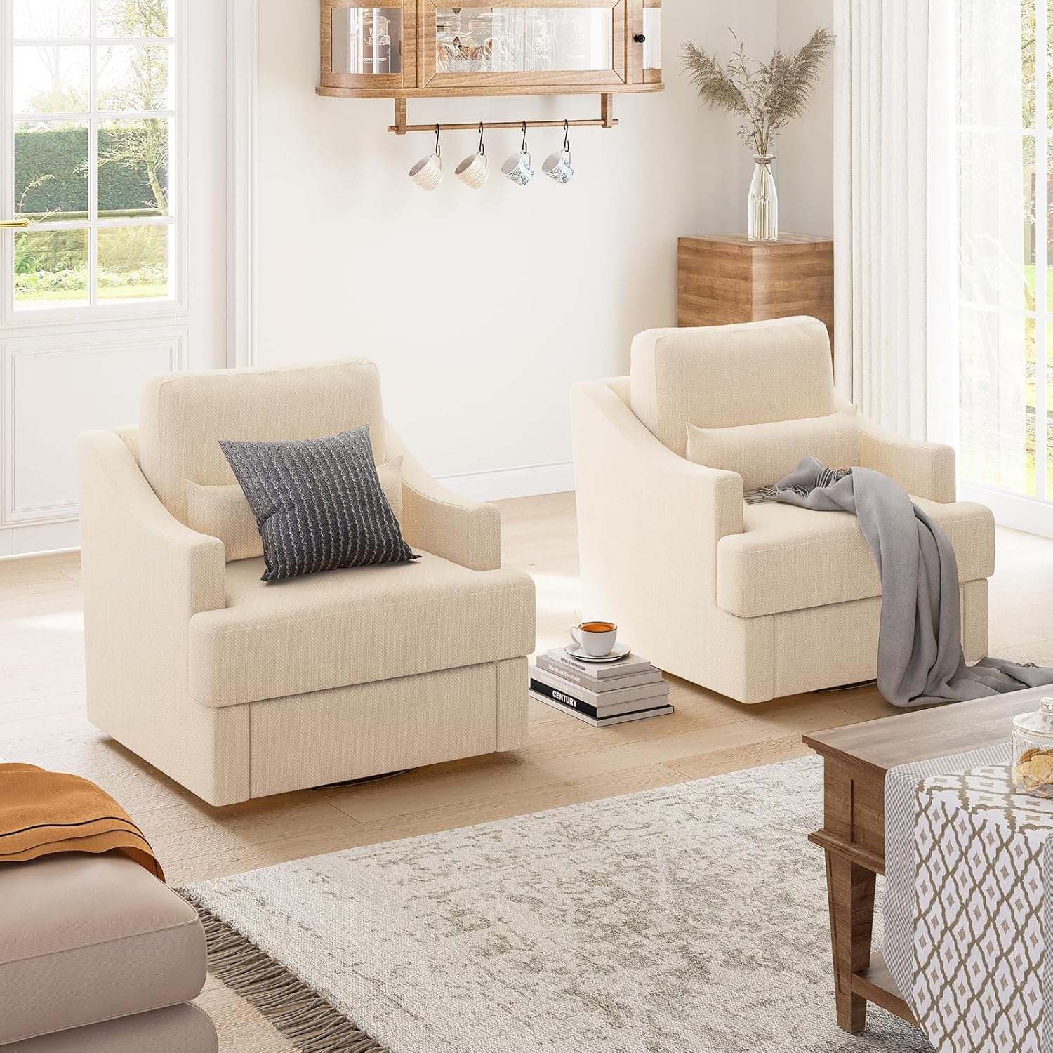 Set of 2 Swivel Accent Chairs | Soft Lumbar Support | Beige Linen, MEISSALIVVE