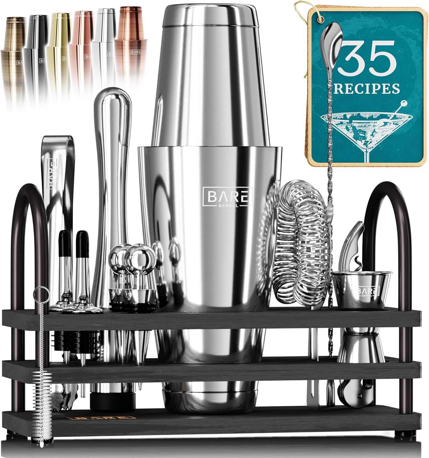 BARE BARREL Cocktail Shaker Set | 14-Piece Bartender Kit | 35 Recipes | Home Barware
