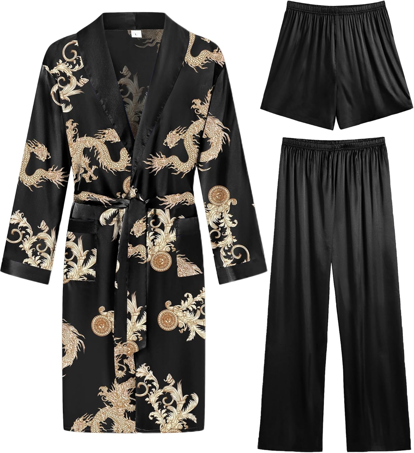 Luxurious Men's 3 Pcs Silk Satin Kimono Robe Set for Comfort