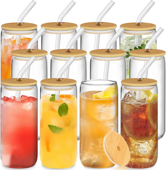 20oz Glass Cups Set with Bamboo Lids and Straws for Drinks