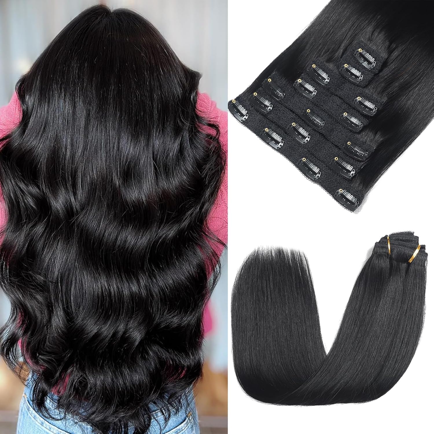 Clip in Hair Extensions Real Human Hair - 16 Inch Jet Black