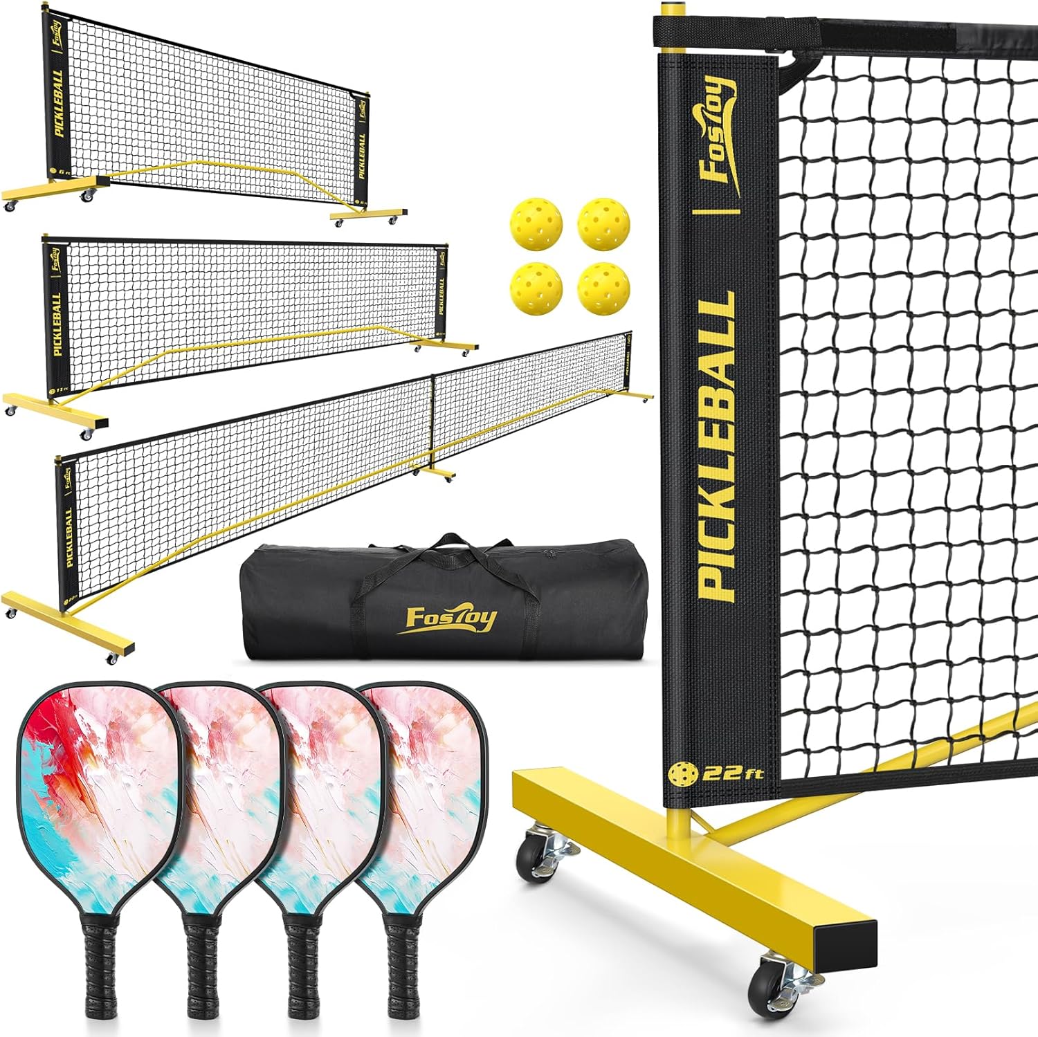 Portable 3-in-1 Pickleball Set with 4 Paddles and Carry Bag