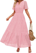 ZESICA Women's Short Sleeve Eyelet Maxi Dress - V Neck A Line