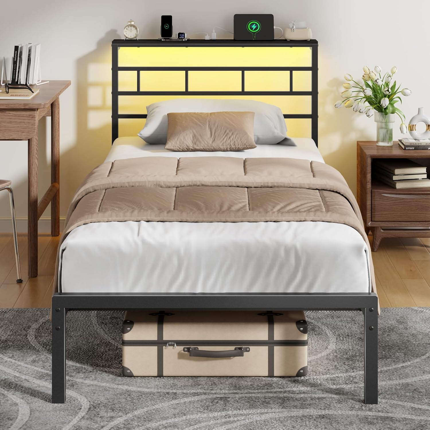 Furnulem Twin Bed Frame with Charging Station and LED Light