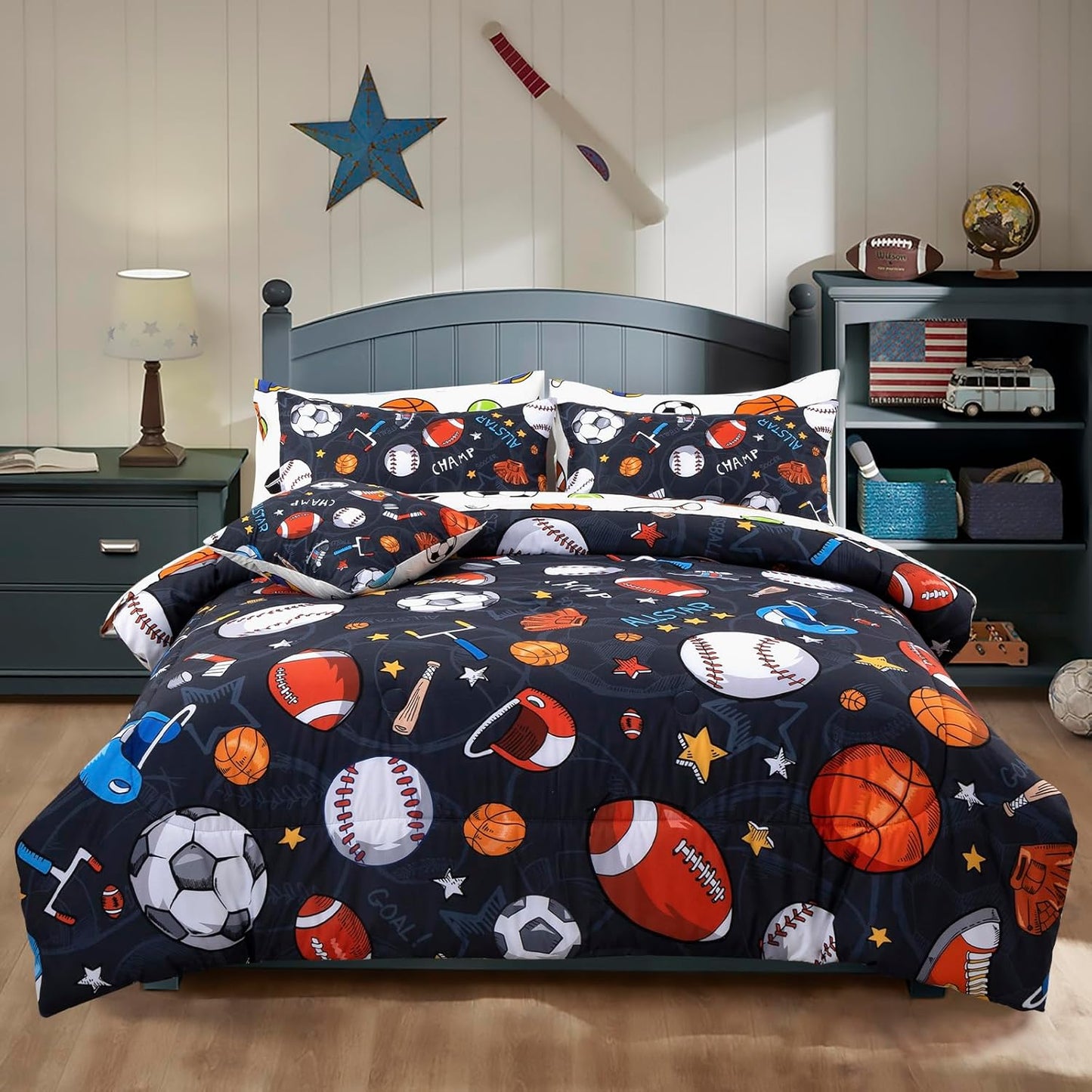 Boys Rugby Balls Comforter Set 6-Piece Bed-in-a-Bag Twin Size