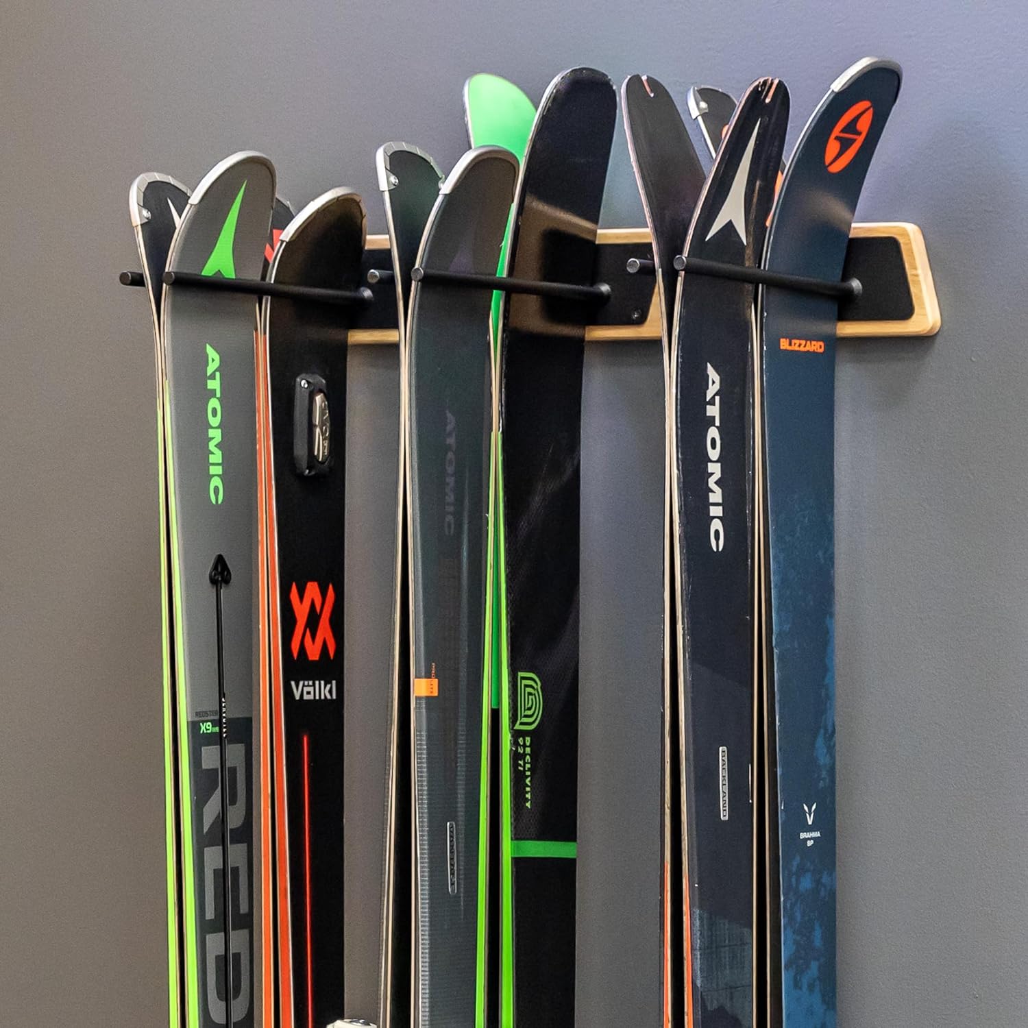 6 Ski Wall Rack, Natural Wood - Holds 150 lbs