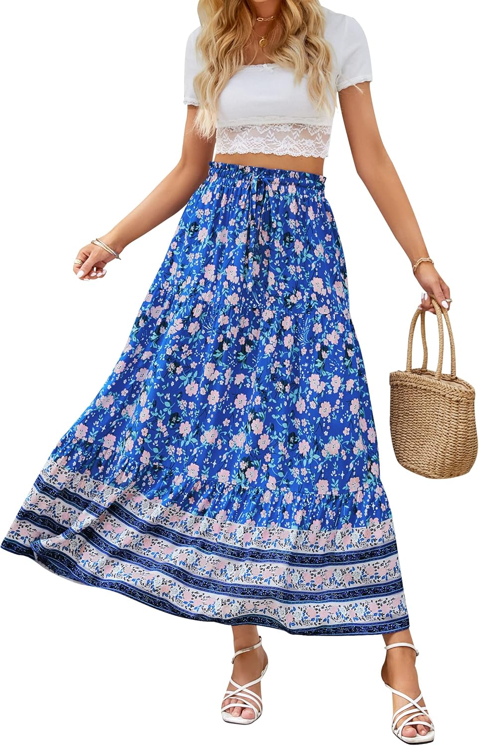 ZESICA Women's Bohemian Floral Printed A Line Maxi Skirt
