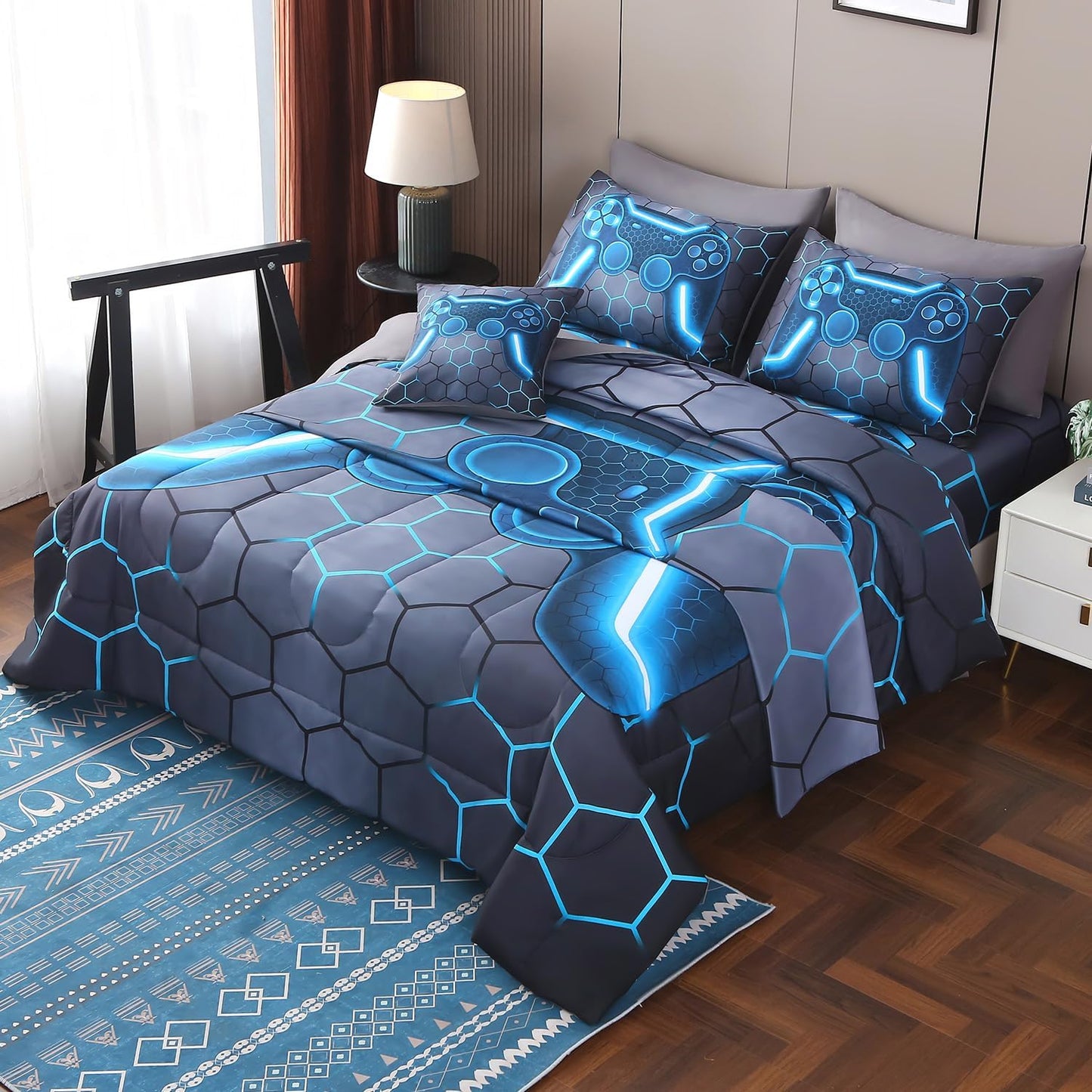 JQinHome Twin Gamer Comforter Set for Boys - 6 Piece Bedding
