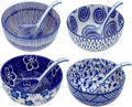 Japanese Style 6 in Ceramic Bowls Set of 4 with Spoons - Durable 24 Oz