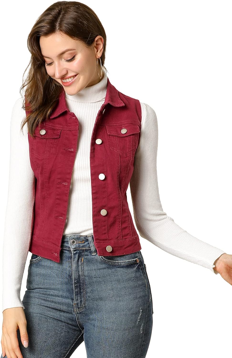 Allegra K Women's Buttoned Washed Denim Vest Jacket for Style