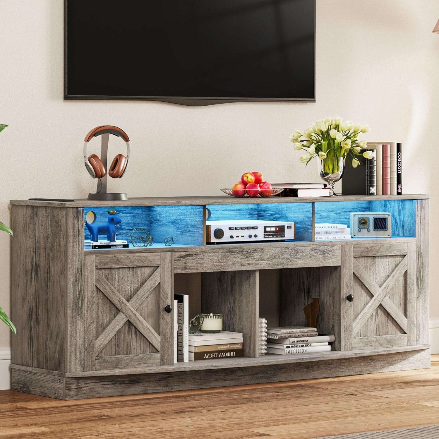 Modern Barn Door TV Stand with LED Lights
