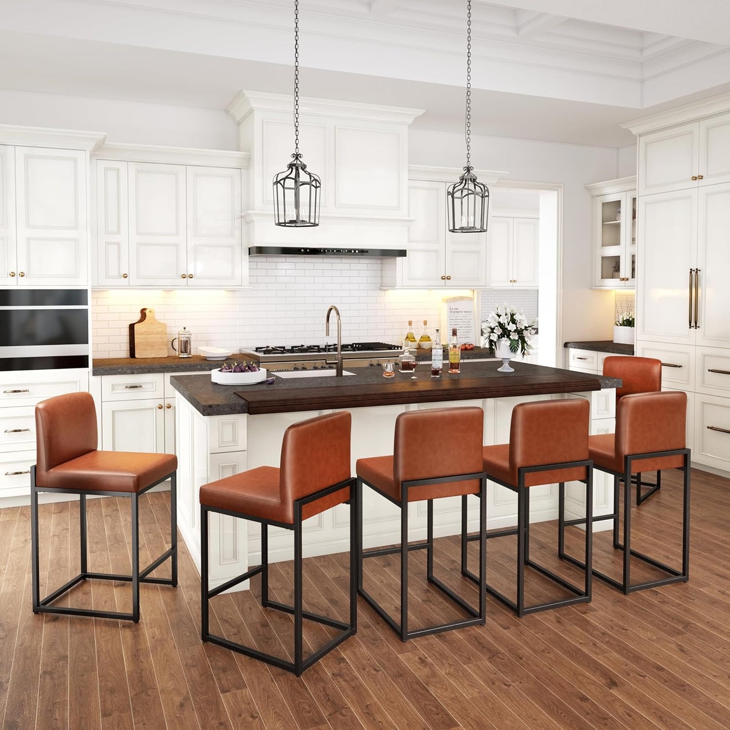 PHI VILLA Brown Bar Stools Set of 6 for Kitchen and Dining