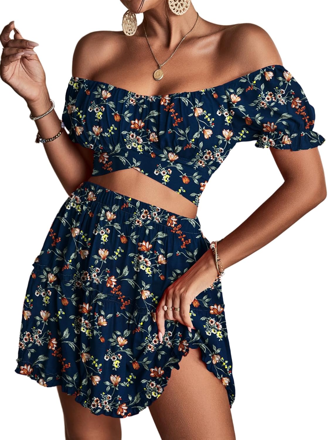 LYANER Women's Floral Off Shoulder Crop Top and Mini Skirt Set