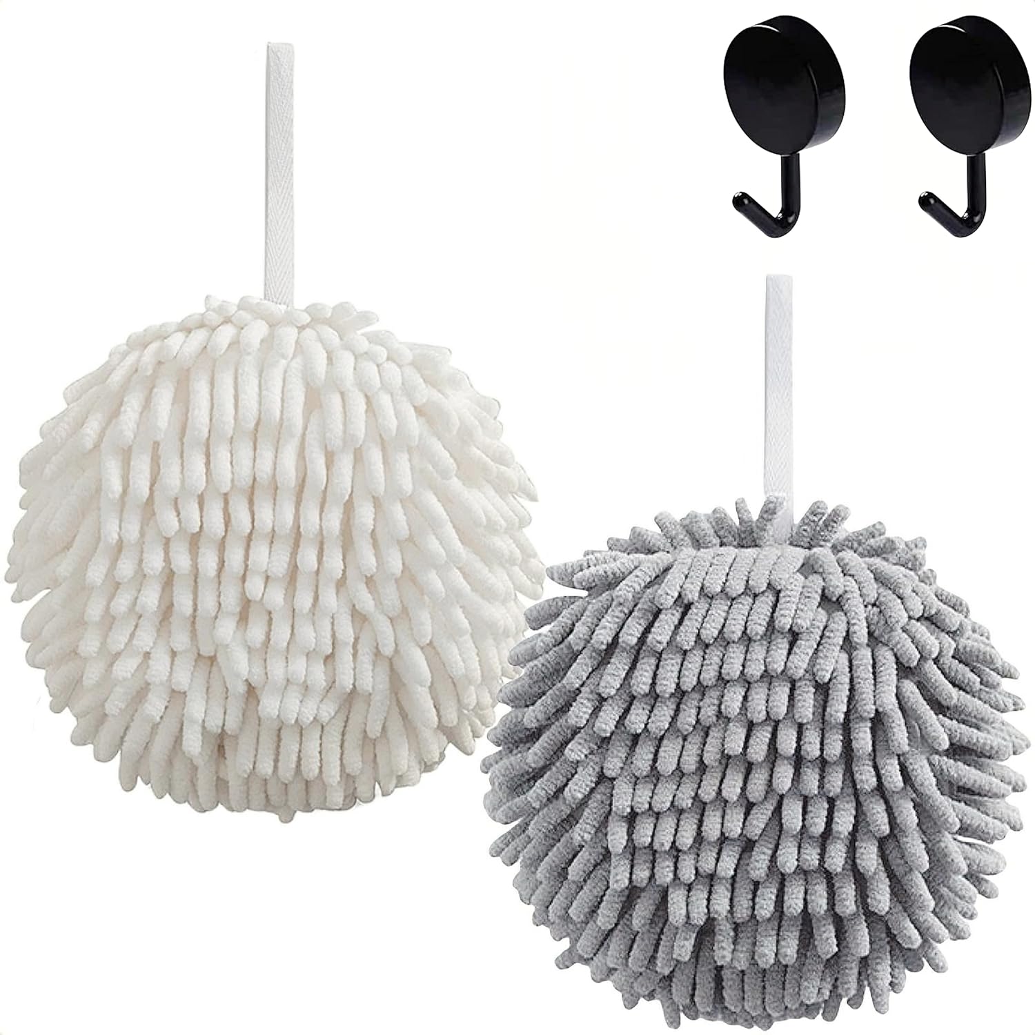Fast-Drying Fuzzy Ball Hand Towels Set - Soft Microfiber Chenille, Decorative Hooks