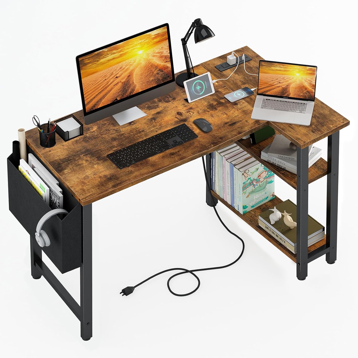 Lufeiya Small L Desk with Power Outlet - Space-Saving Home Office Solution