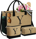 Jute Tote Bag for Women with 2 Personalized Makeup Bags - Initial Gift