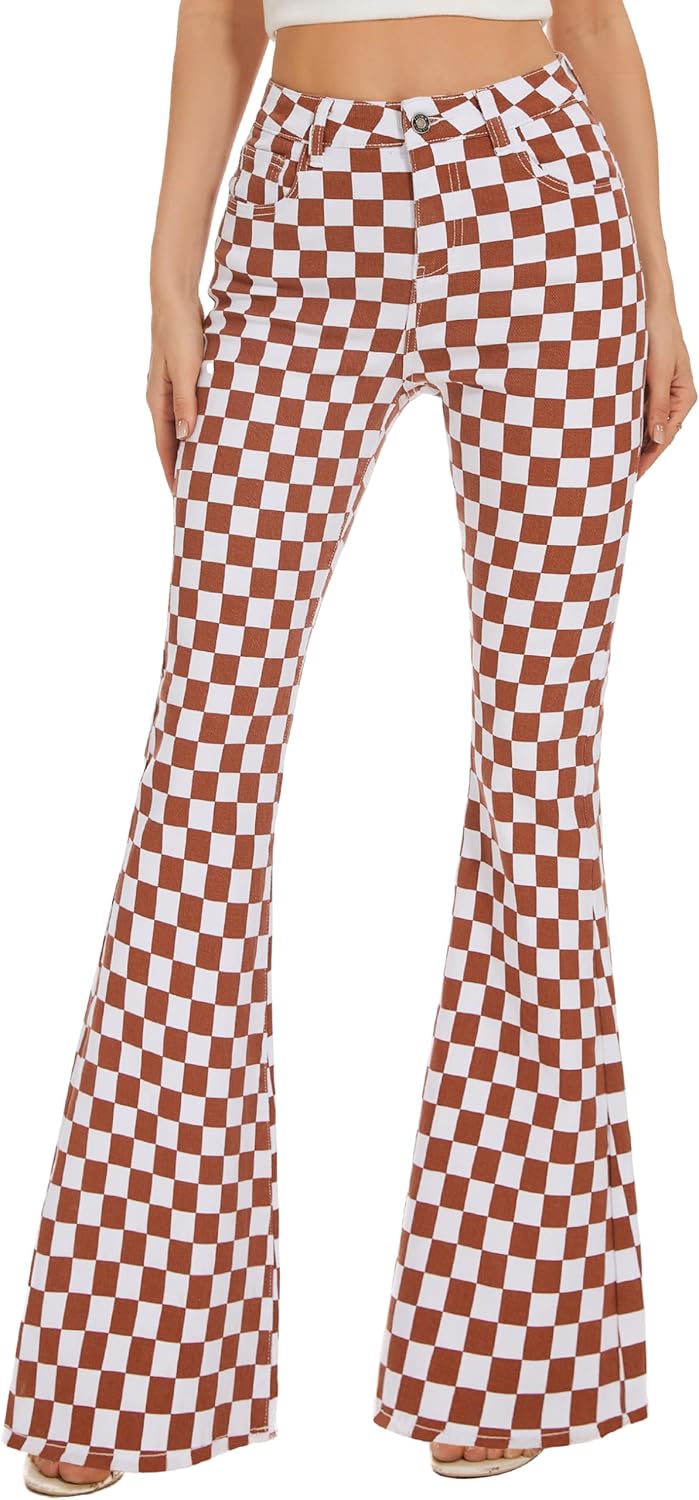High Waisted Plaid Bell Bottom Jeans for Women - Flare Style