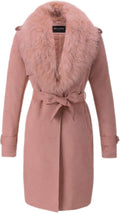 Bellivera Faux Leather Trench Coat with Removable Fur Collar - Warm