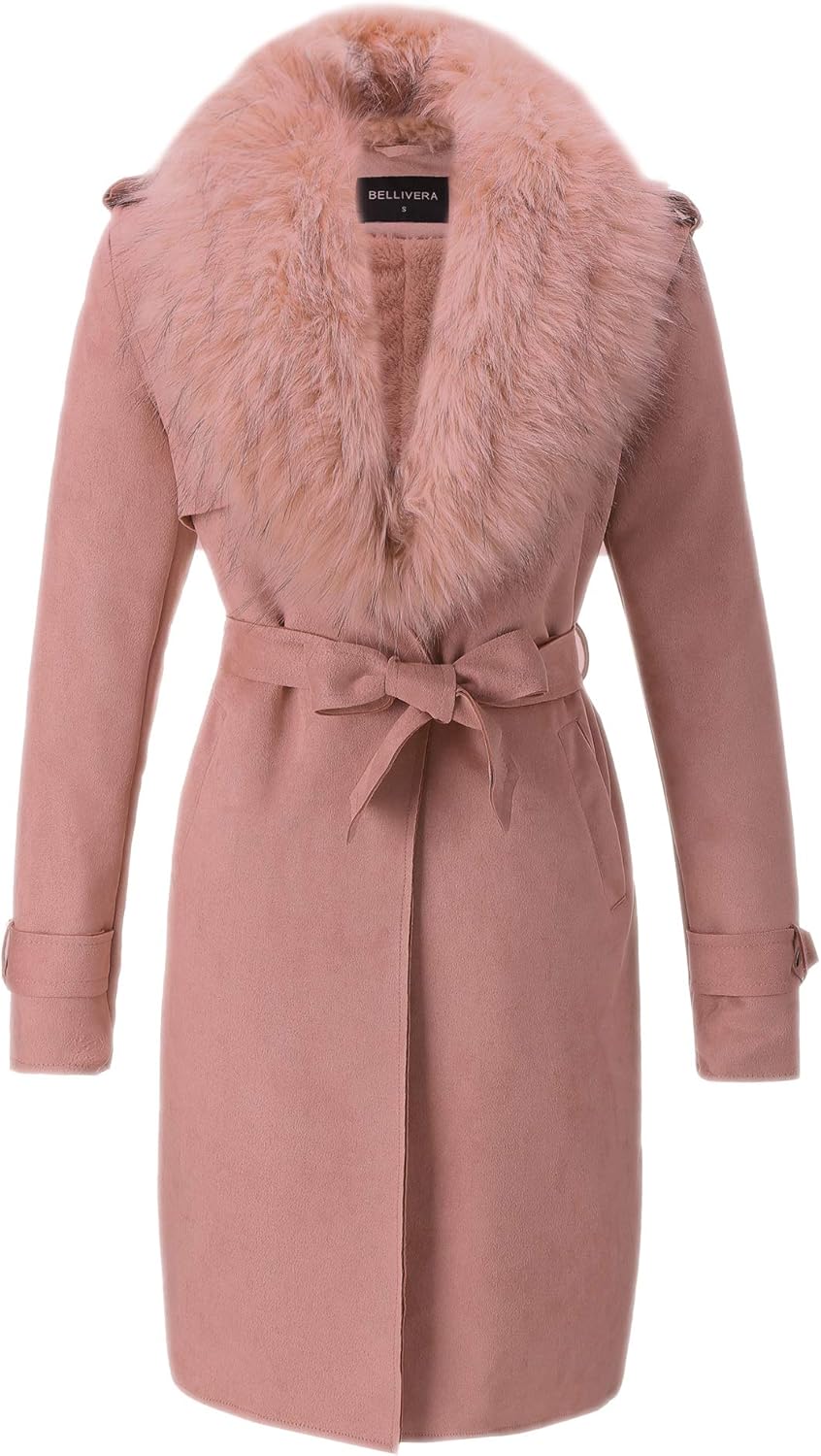 Faux Leather Trench Coat with Detachable Fur Collar for Women