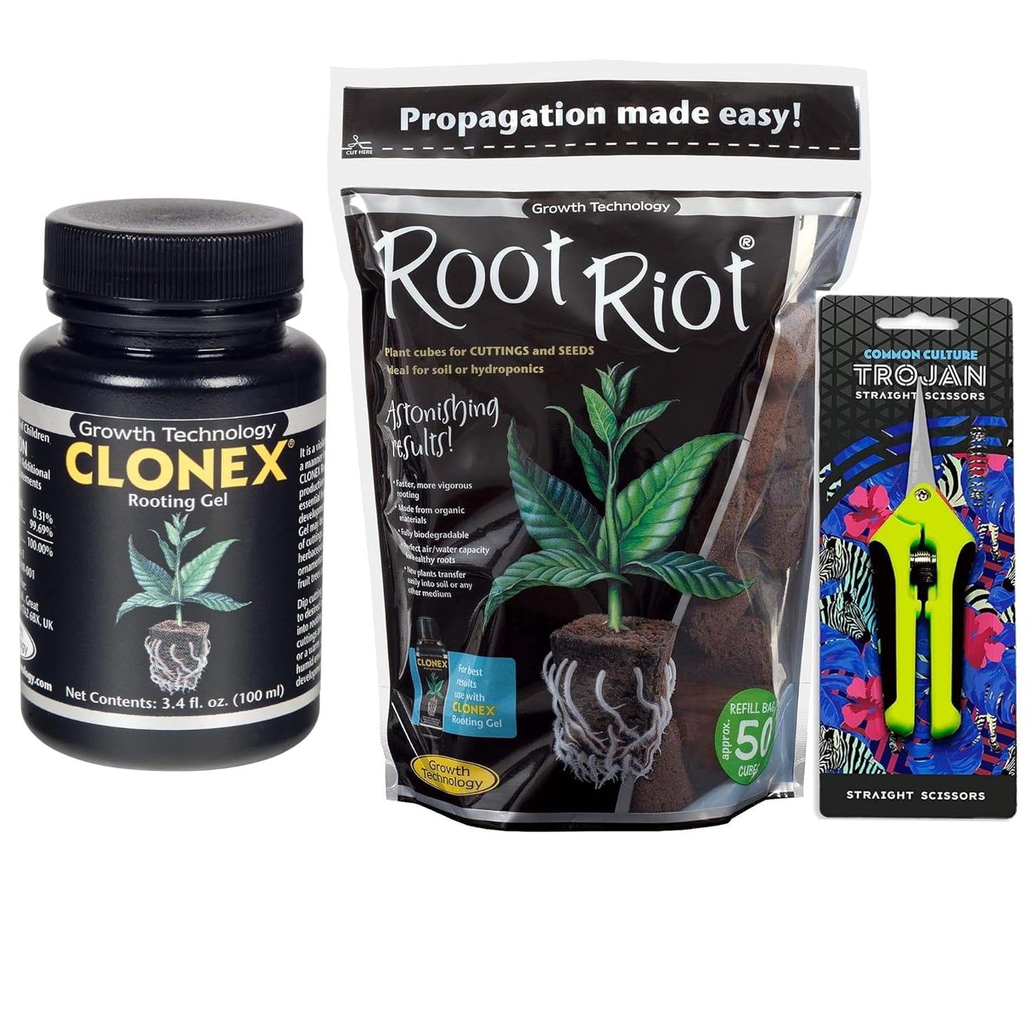 Clonex Rooting Gel 100ml with Root Riot Plugs and Scissors Kit