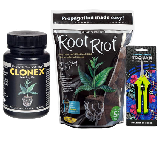 Clonex Rooting Gel 100ml with Root Riot Plugs and Scissors Kit