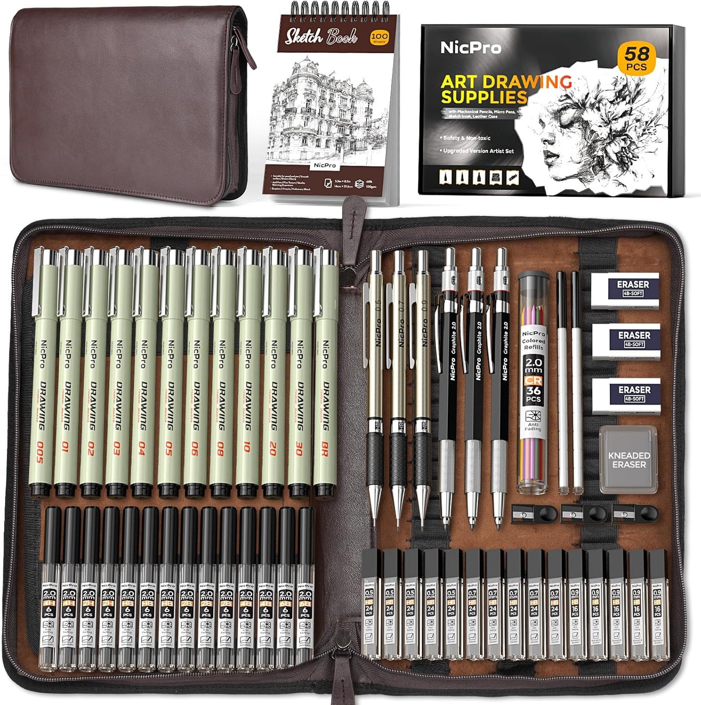 Nicpro 58 PCS Art Drawing Supplies Kit for Creative Artists