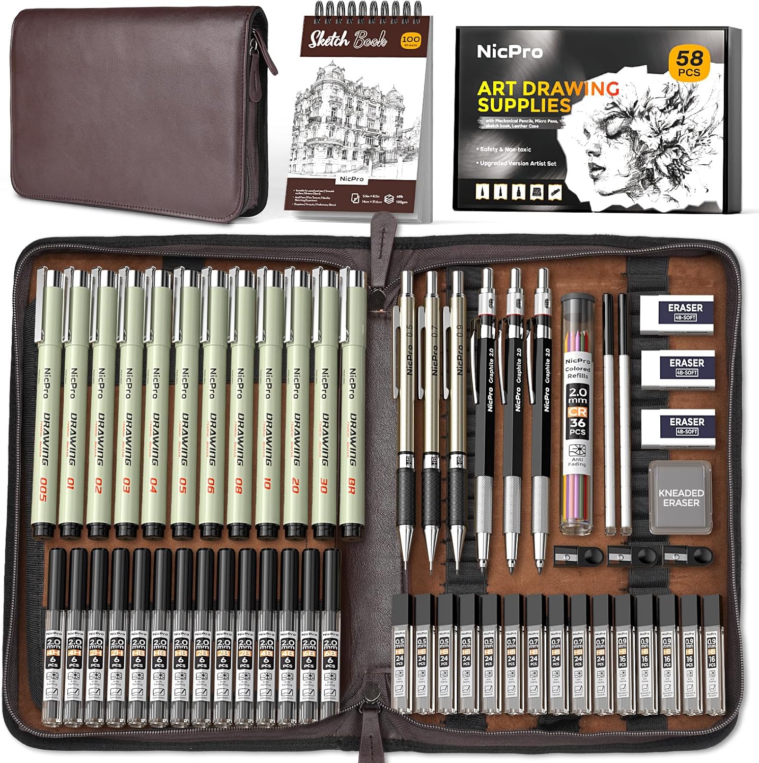 Nicpro 58 PCS Art Drawing Supplies Kit for Creative Artists