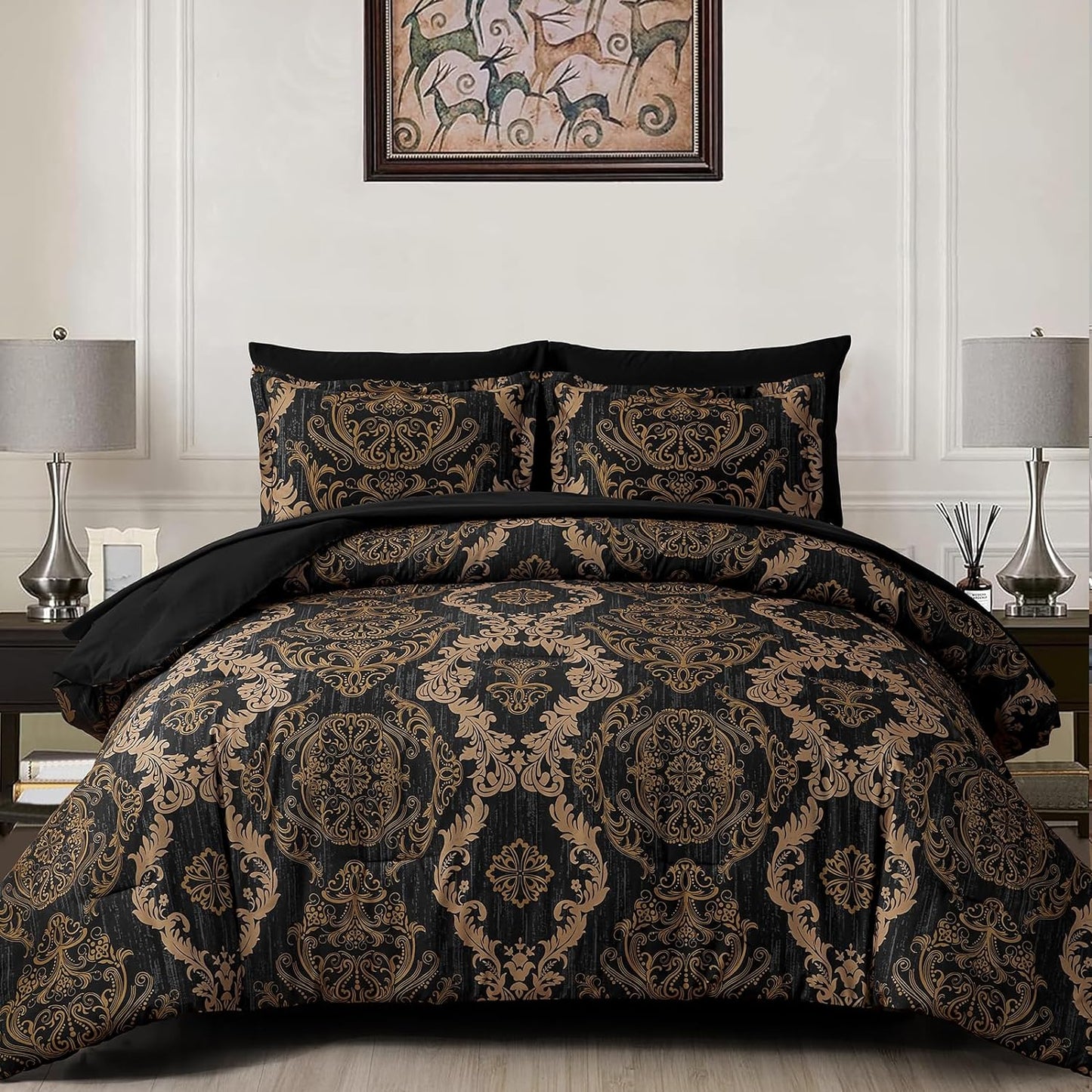 Luxurious Black Gold Damask Comforter Set for King Size Beds