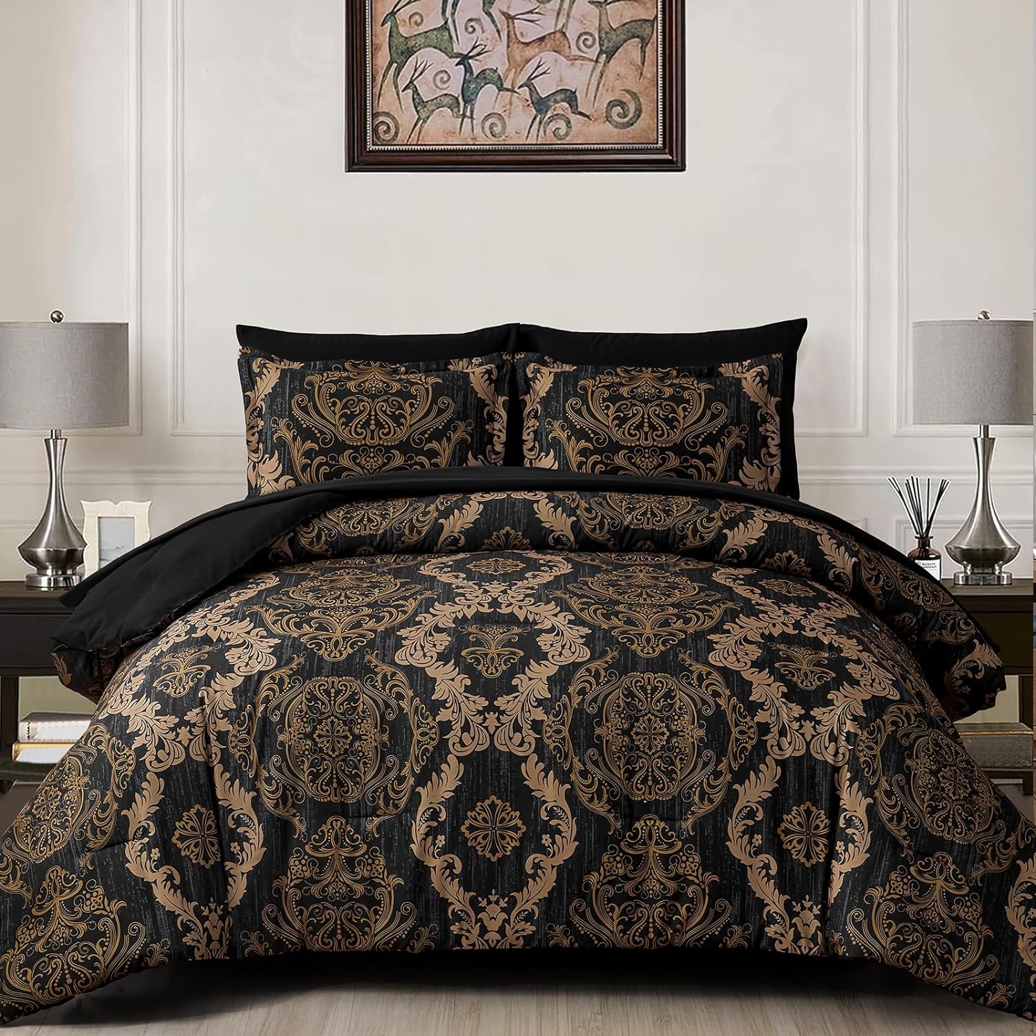 Luxurious Black Gold Damask Comforter Set for King Size Beds