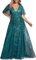 Plus Size V-Neck Sequin Embroidery A-Line Floor Length Dress - Glamour