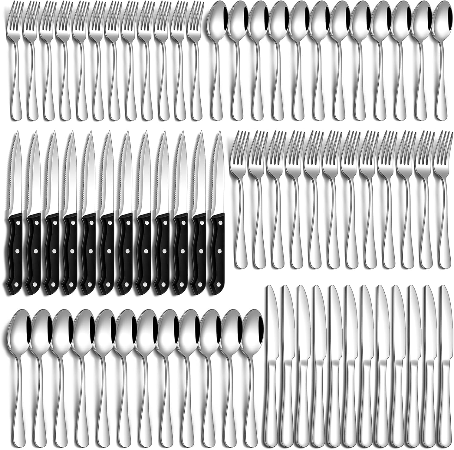 72 Pcs Silverware Set with Steak Knives for Home and Restaurant